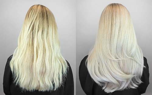 Silberblonde Haare im Vergleich vor und nach einer TRIJUVEN©-Behandlung