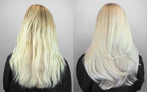 Silberblonde Haare im Vergleich vor und nach einer TRIJUVEN©-Behandlung