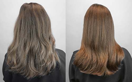 Braune Haare im Vergleich vor und nach einer TRIJUVEN©-Behandlung