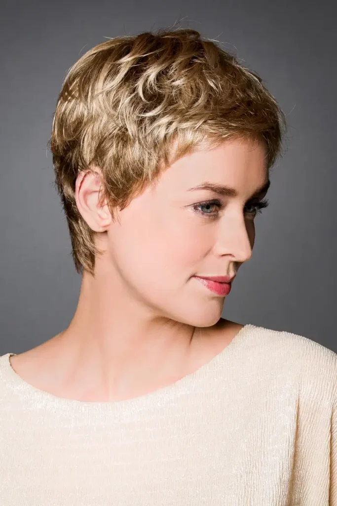 Model, das die Belle-Madame-Perücke „Ebba SF“ in Sandy Blond Root trägt und nach rechts an der Kamera vorbei schaut